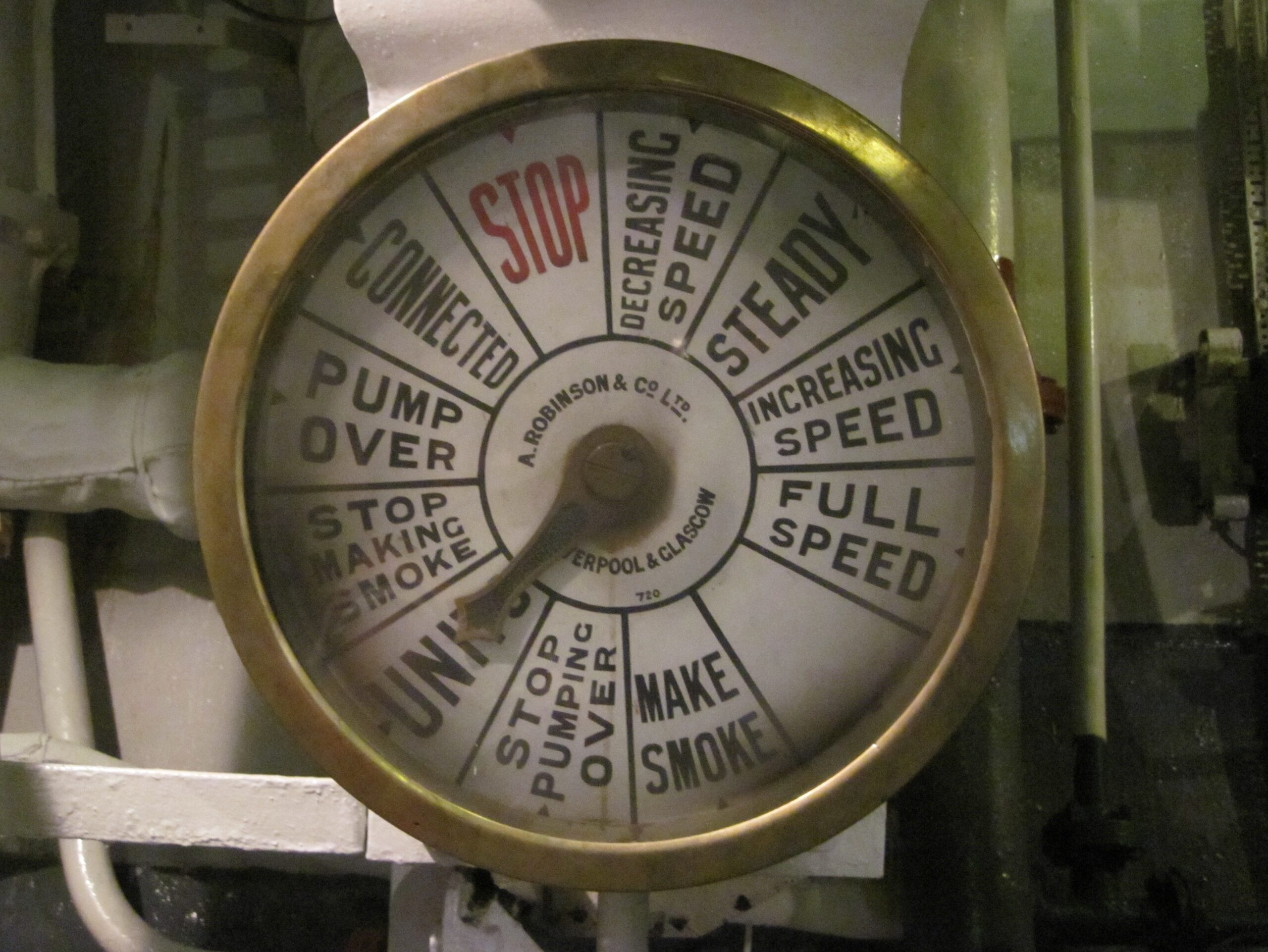 A brass engine room speed control mechanism.